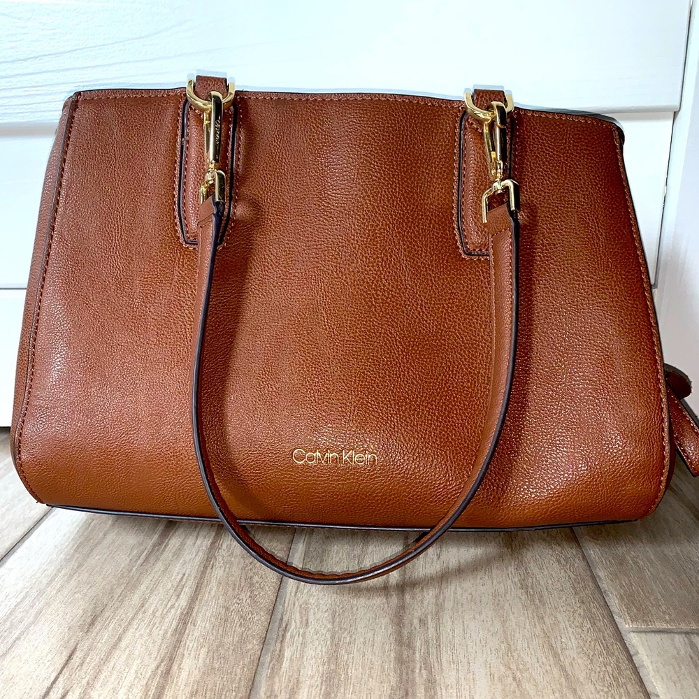 Calvin Klein Brown Leather Handbag w Gold Accents